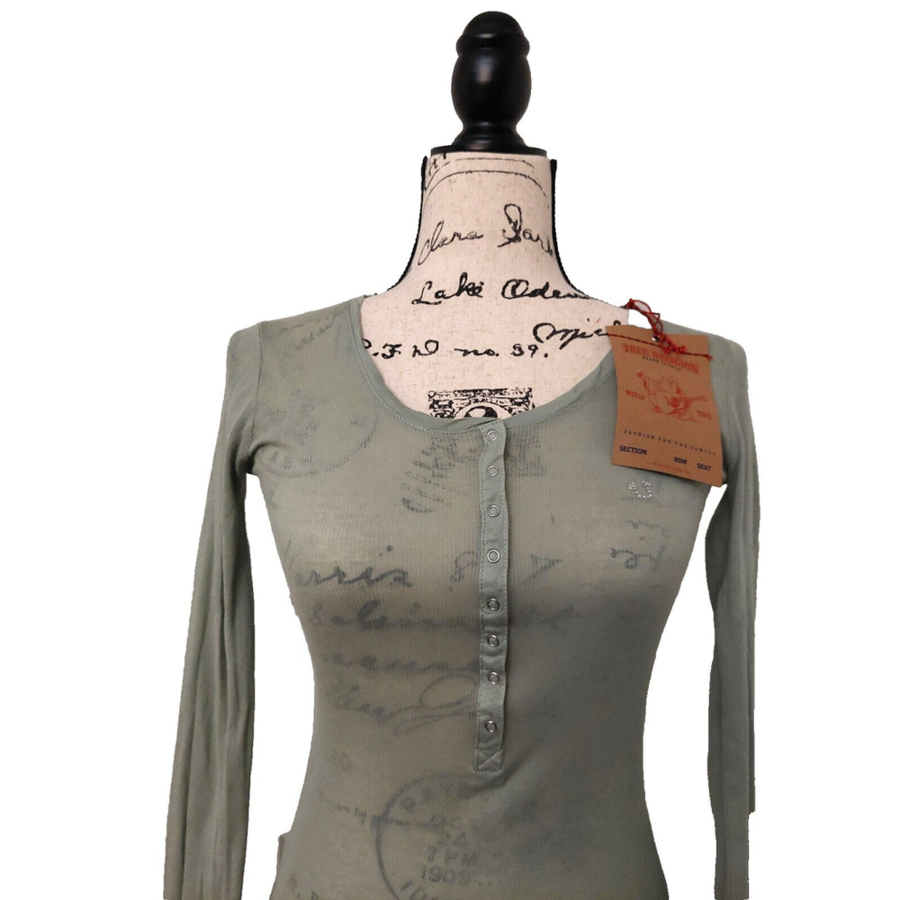 True Religion Long Sleeve Crystal Kristen Green Cotton Henley Shirt XS - Picture 9 of 12